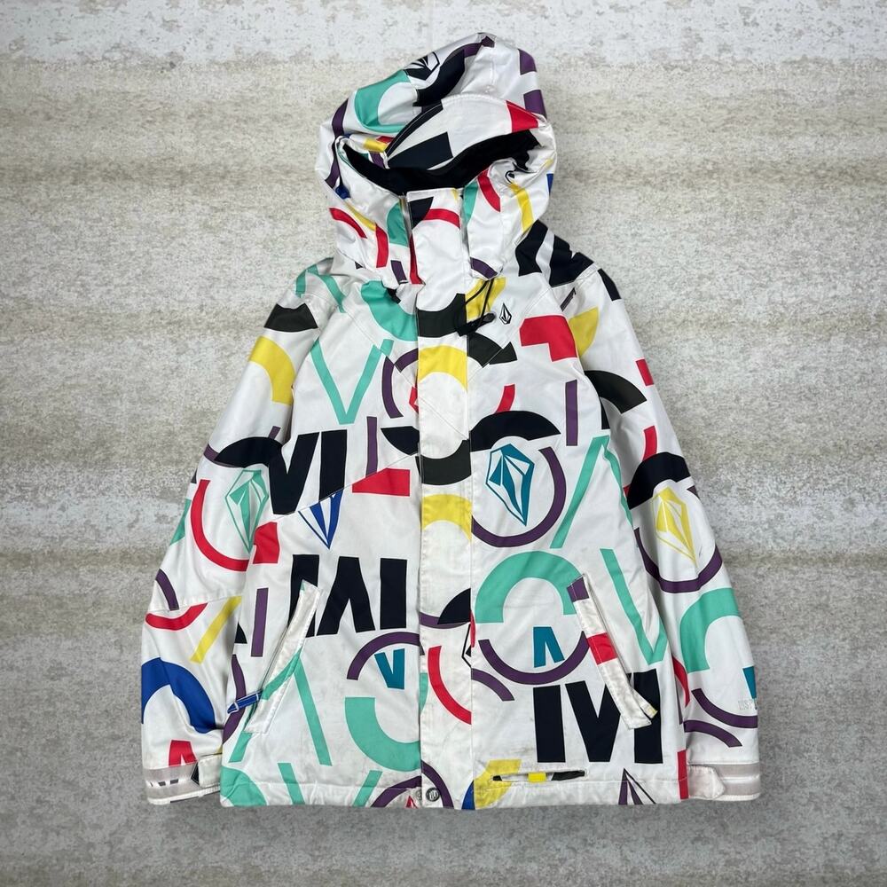 Vintage Volcom Puffer Ski Jacket White Multicolor Full Zip Insulated 90s